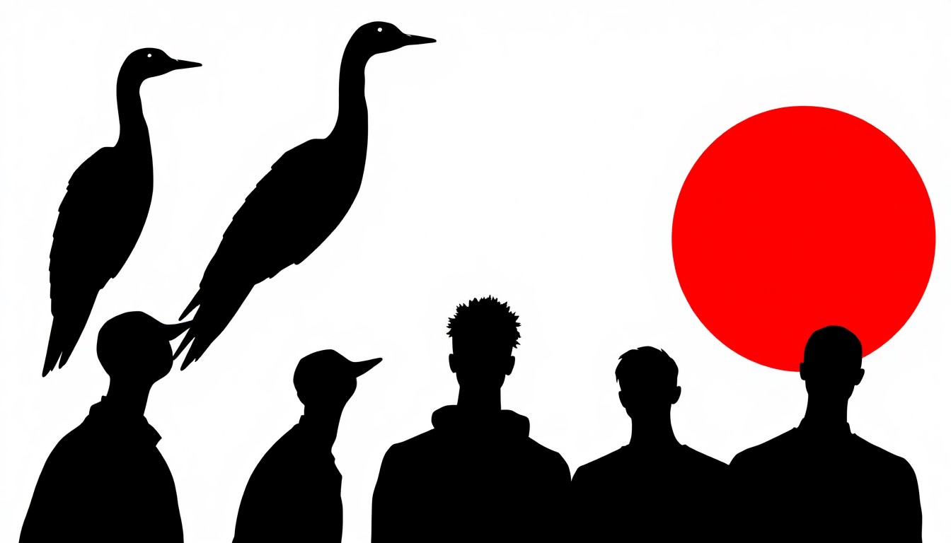 An abstract composition of jagged black silhouettes and bold red and white shapes, conceptually representing the fusion of indie rock and pop music in Geese's cover of Justin Bieber's 'Baby'.