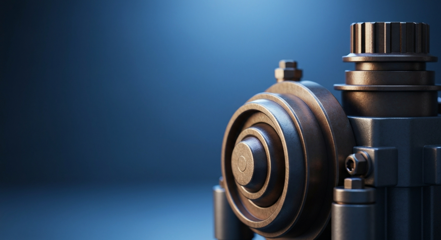 An extreme close-up of interlocking gears, circuits, and other heavy industrial banking machinery in shades of steel grey, bronze, and chrome, conceptually representing the financial infrastructure supporting the mobile app industry.
