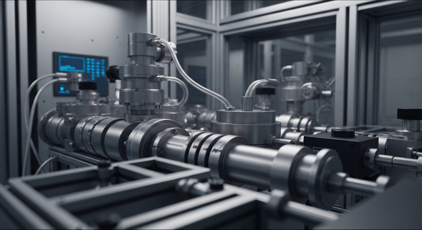 A dramatic, macro-level view of the intricate, industrial-scale equipment and components found inside a modern biotech research laboratory, conveying a sense of the sophisticated technology and processes behind pharmaceutical innovation.