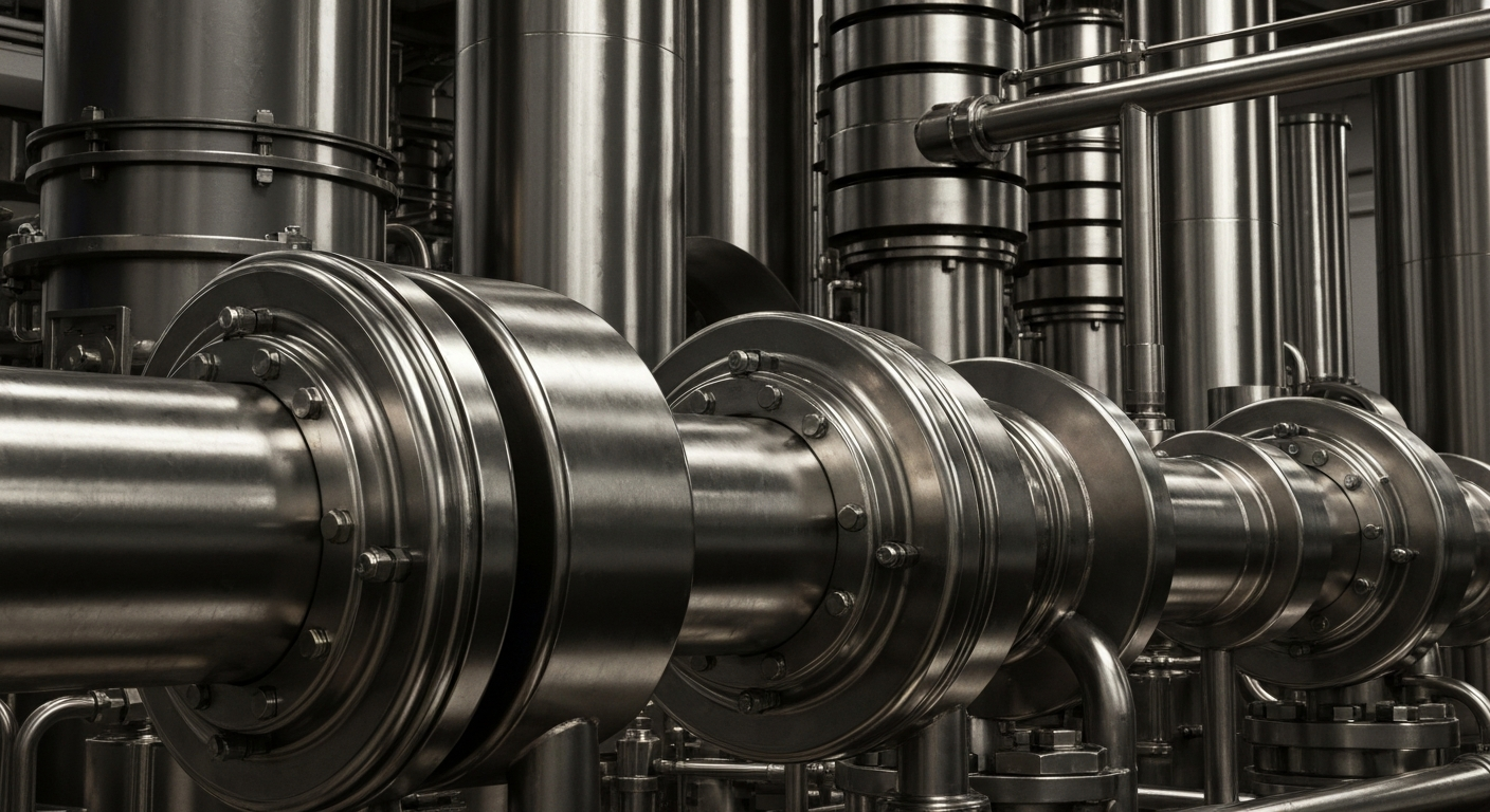 An extreme close-up of gleaming, intricate industrial machinery and equipment, conveying a sense of the financial security and institutional power of the global energy industry.