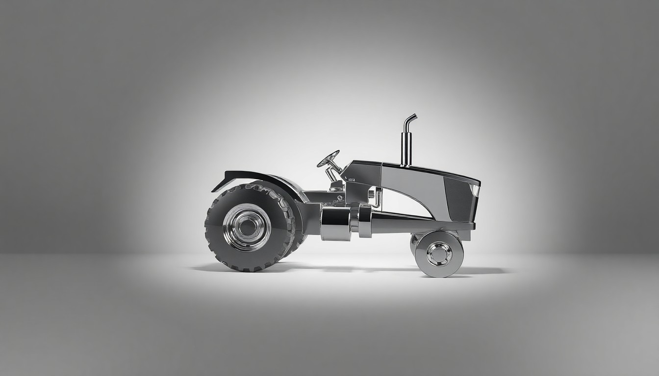 A highly detailed, photorealistic studio still-life image featuring a polished metal sculpture in the shape of a tractor, arranged elegantly on a clean, monochromatic background and using dramatic lighting to convey the precision and power of Deere's industrial products.