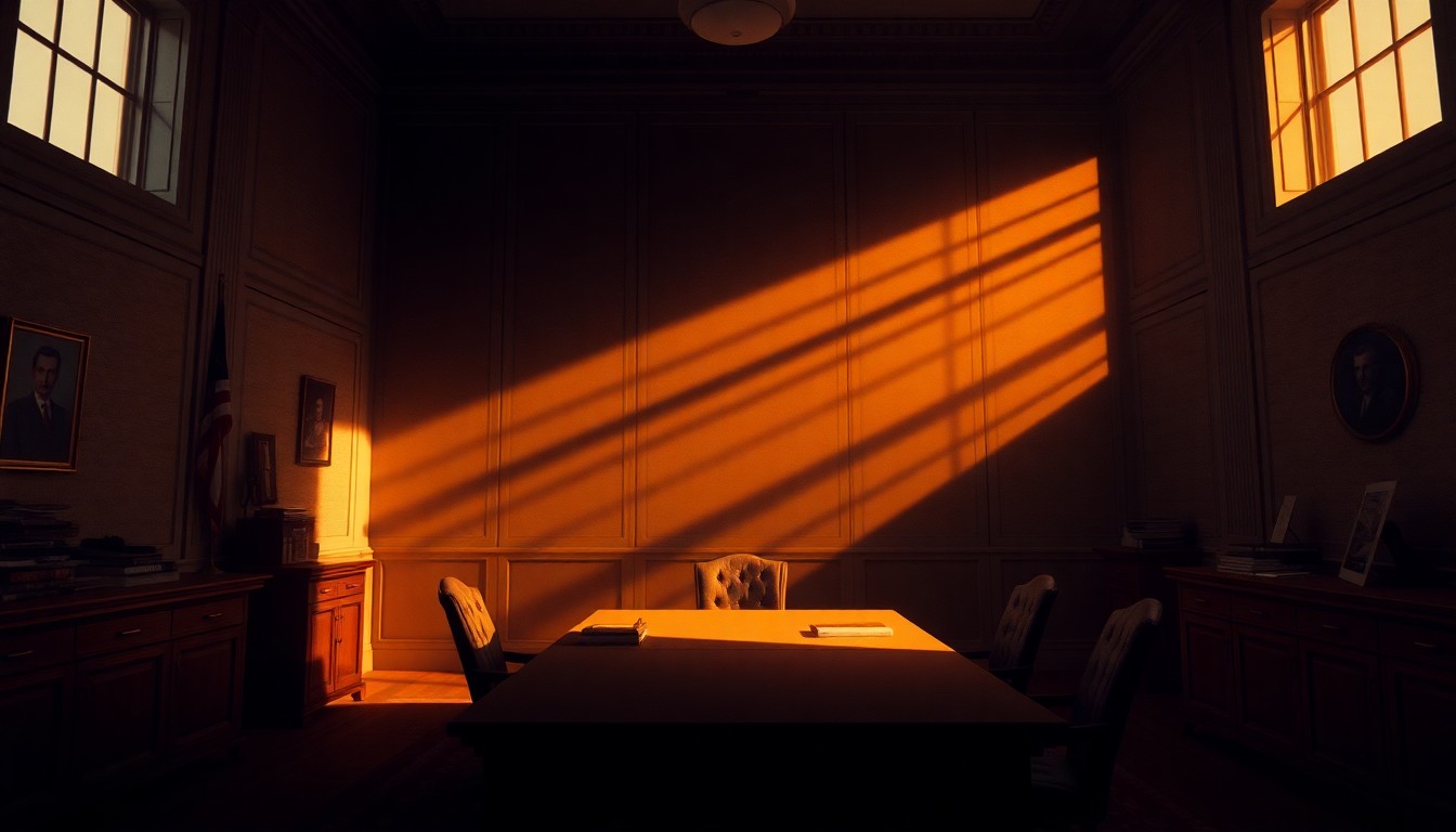 A quiet, cinematic painting of a solitary government office desk bathed in warm, diagonal sunlight and deep shadows, conveying a sense of political tension and unease.