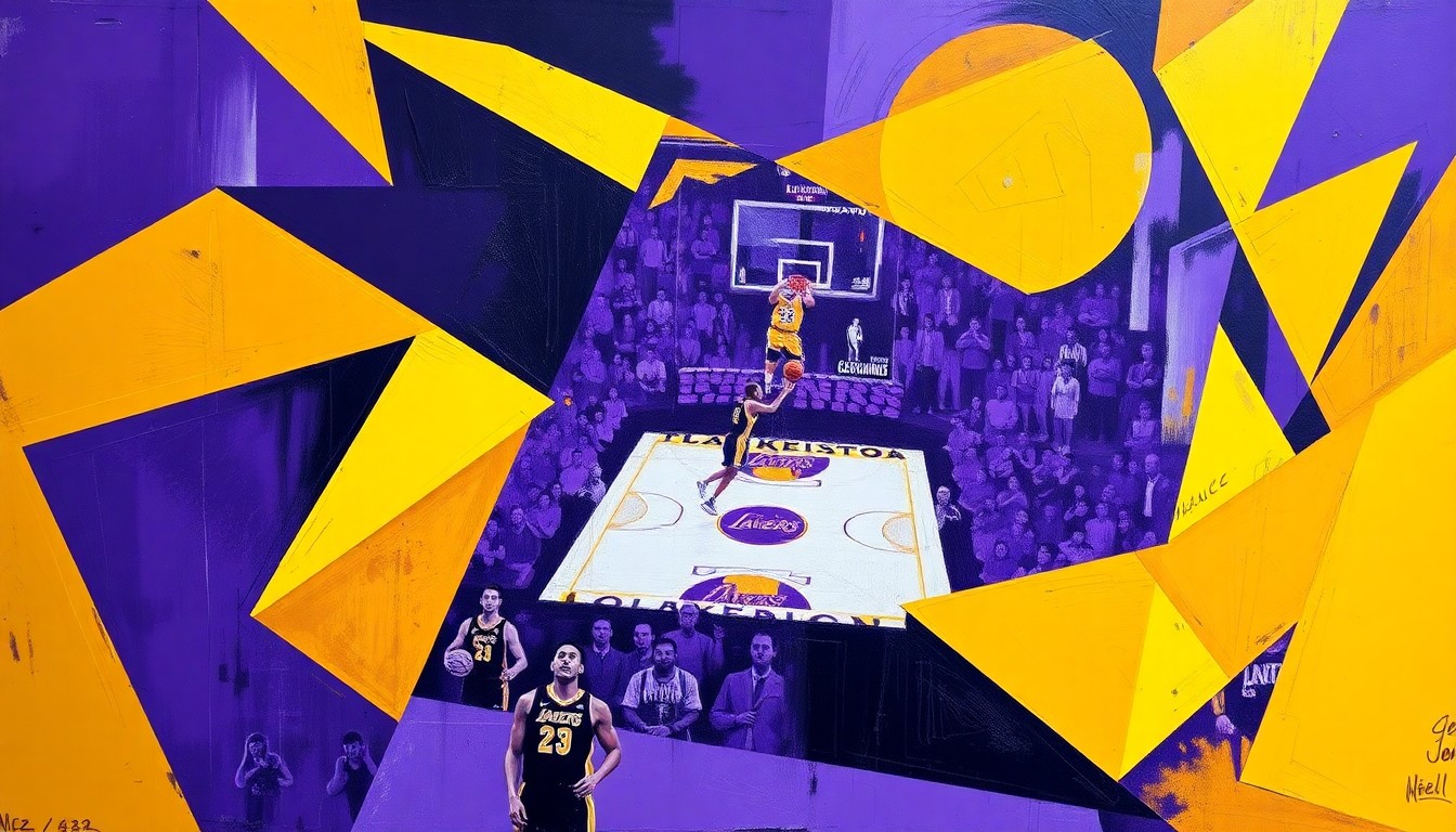 A fractured, cubist-style painting depicting a Lakers basketball game, with the players and court broken down into sharp, overlapping geometric shapes in the team's colors of purple and gold, conveying the uncertainty and challenges the team faces heading into the playoffs.