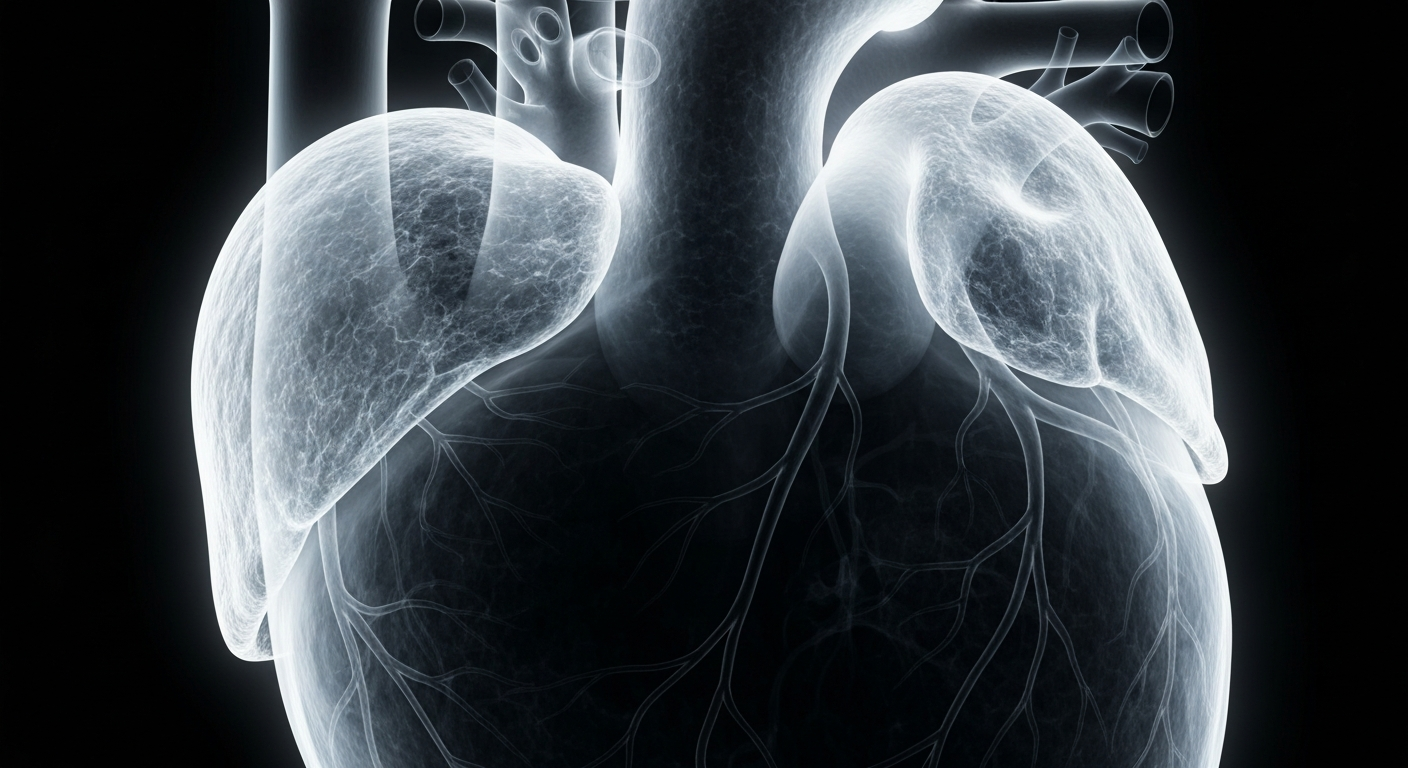 A translucent X-ray photograph revealing the intricate structure of a healthy human heart, glowing against a dark background and symbolizing the preventative power of the Wegovy drug in reducing cardiovascular risks.