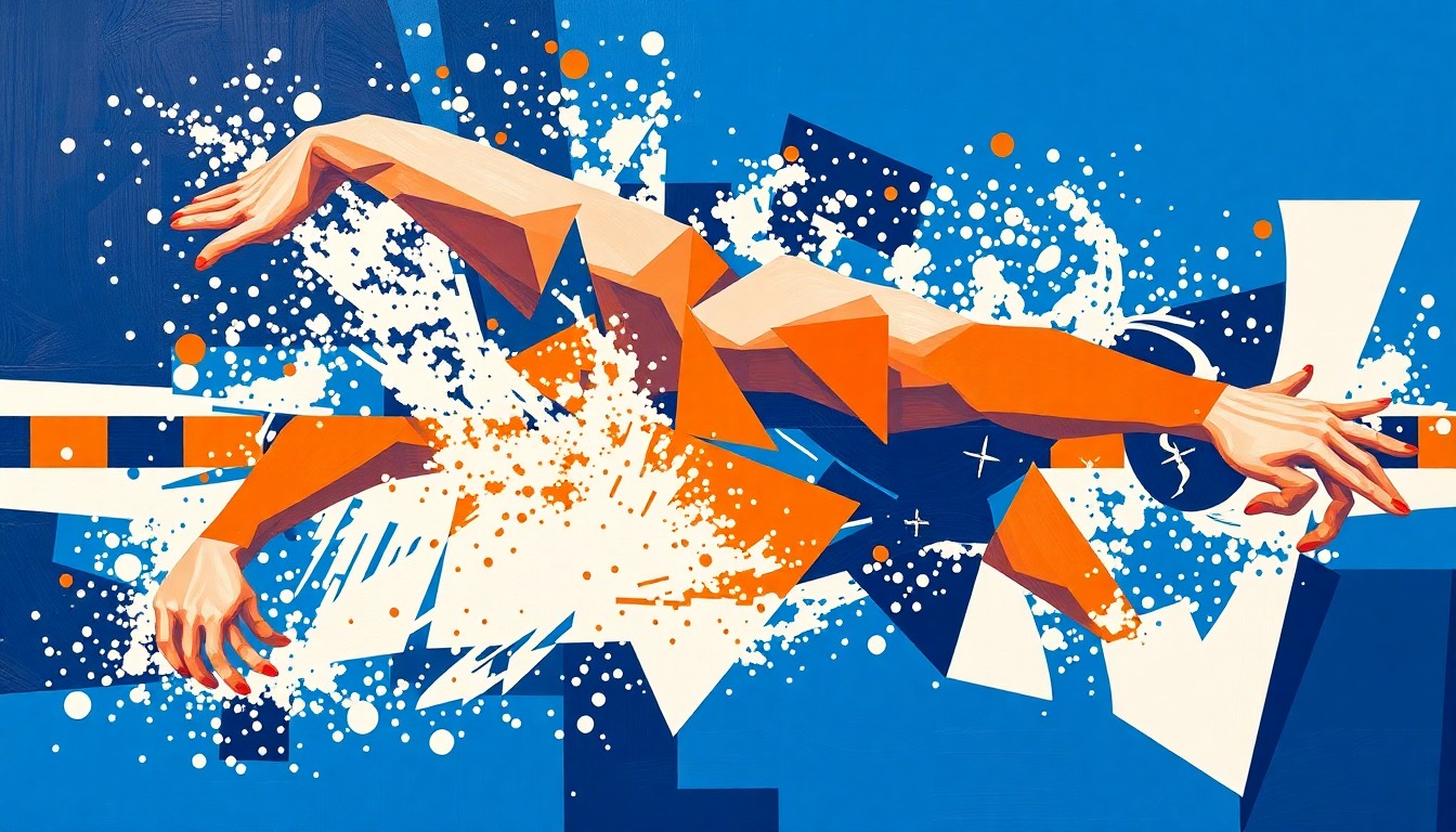 A fractured, cubist-style painting depicting the Virginia Cavaliers' record-breaking 400 free relay performance, with sharp geometric planes in navy, orange, and white capturing the explosive energy and movement of the race.