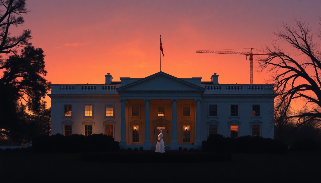 A serene, nostalgic painting of the White House at dusk, with construction equipment visible in the background, capturing the mood of a political dispute over the limits of presidential authority.