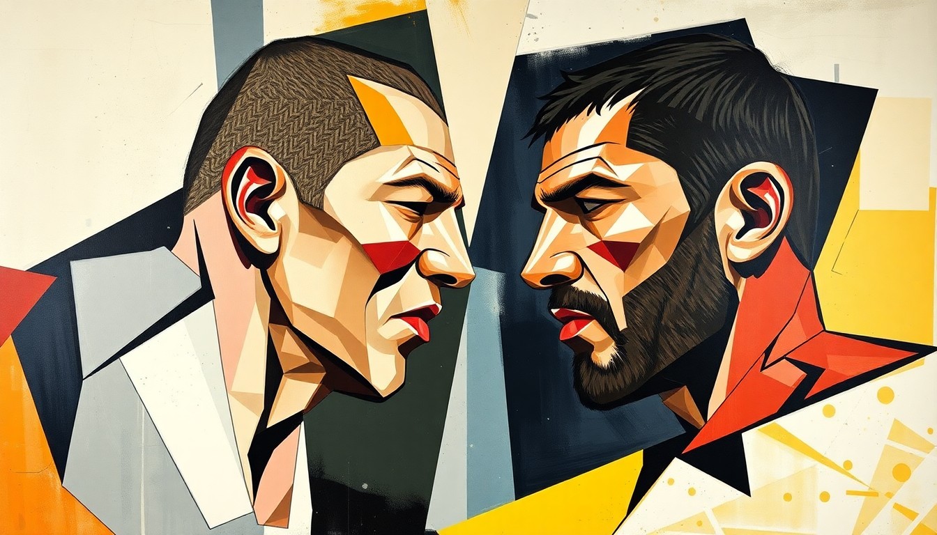 A fractured, multi-perspective painting in cubist style, breaking down a UFC light heavyweight title fight into sharp, overlapping geometric planes in bright colors.