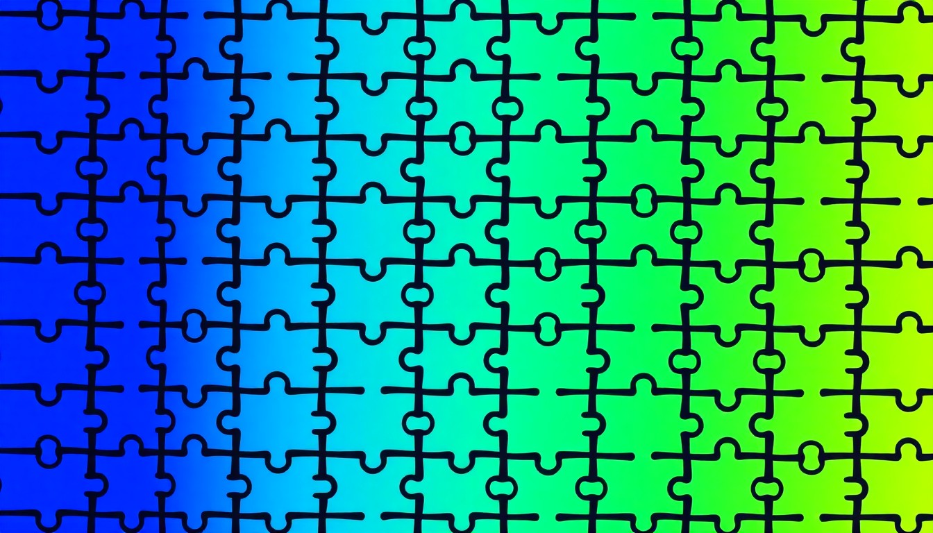 A brightly colored, high-contrast silkscreen print of a teal puzzle piece icon repeated in a tight grid pattern, representing the symbol of autism awareness. The image utilizes flat, vibrant, and unnatural neon color palettes overlapping with heavy black photographic outlines to turn an everyday symbol into modern pop art.