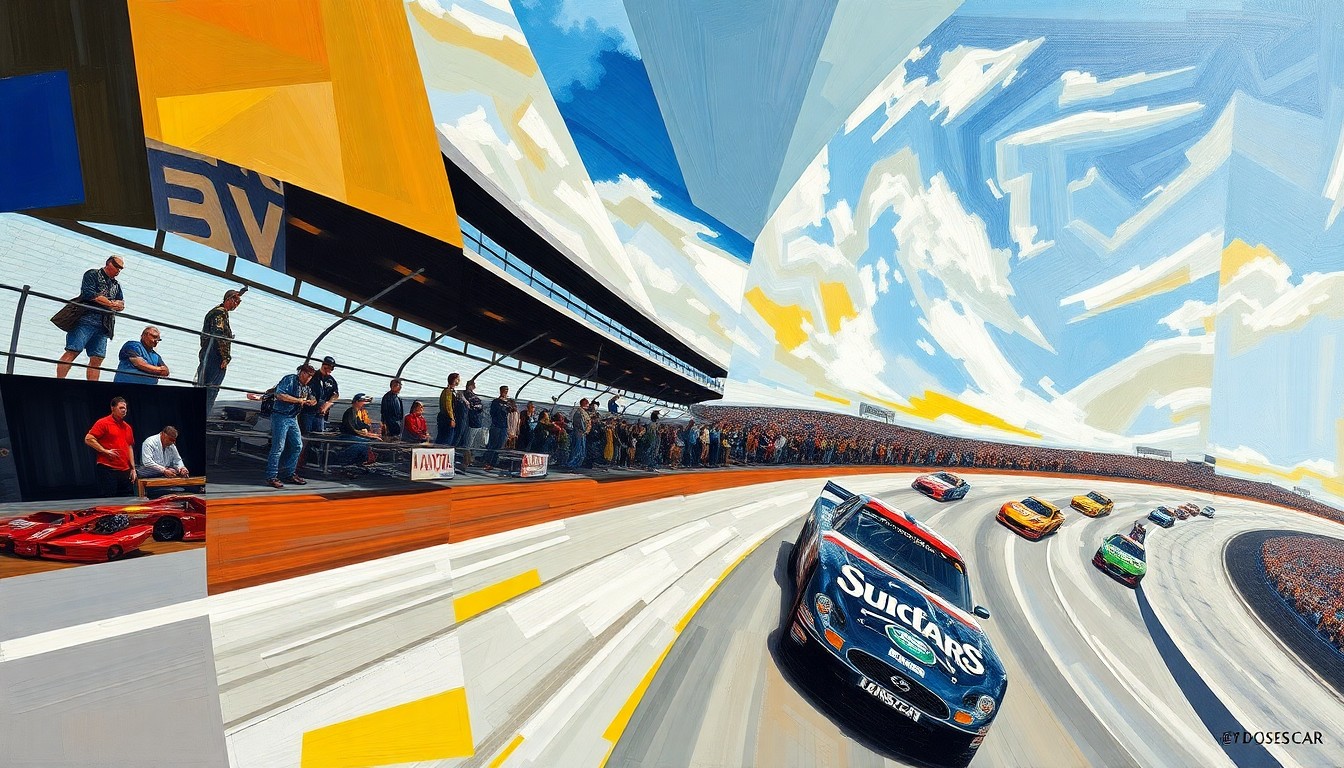 A cubist, geometric painting depicting a fragmented NASCAR race scene, with overlapping planes of color and shape representing the challenges Keselowski faces in his recovery.