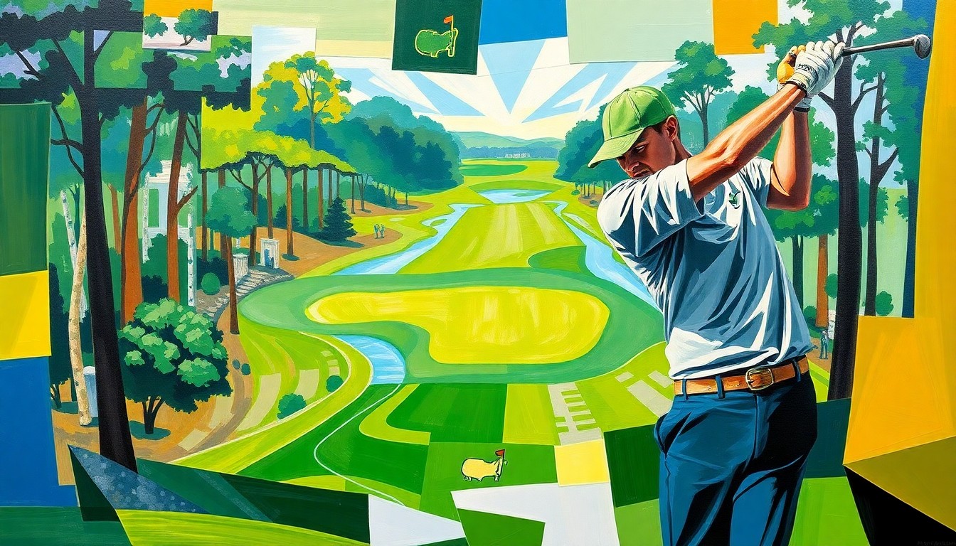 A cubist, geometric painting depicting a golfer's swing and the iconic Augusta National course, with sharp, overlapping planes of vibrant greens, blues, and golds.