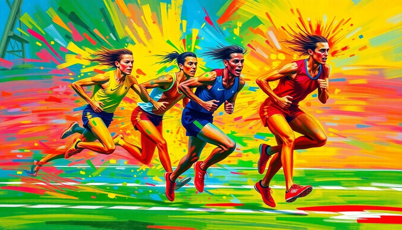 An abstract expressionist painting in neon colors depicting the blurred motion and energy of a 4x100 meter relay race, with the baton being passed between indistinct figures.