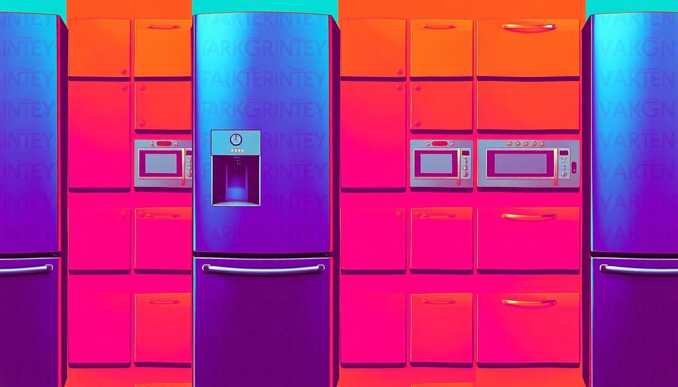 A brightly colored, high-contrast silkscreen-style illustration depicting a stainless steel kitchen appliance, such as a refrigerator or oven, repeated in a tight grid pattern with overlapping neon color palettes and heavy black outlines, creating a modern pop art representation of the home's updated features.