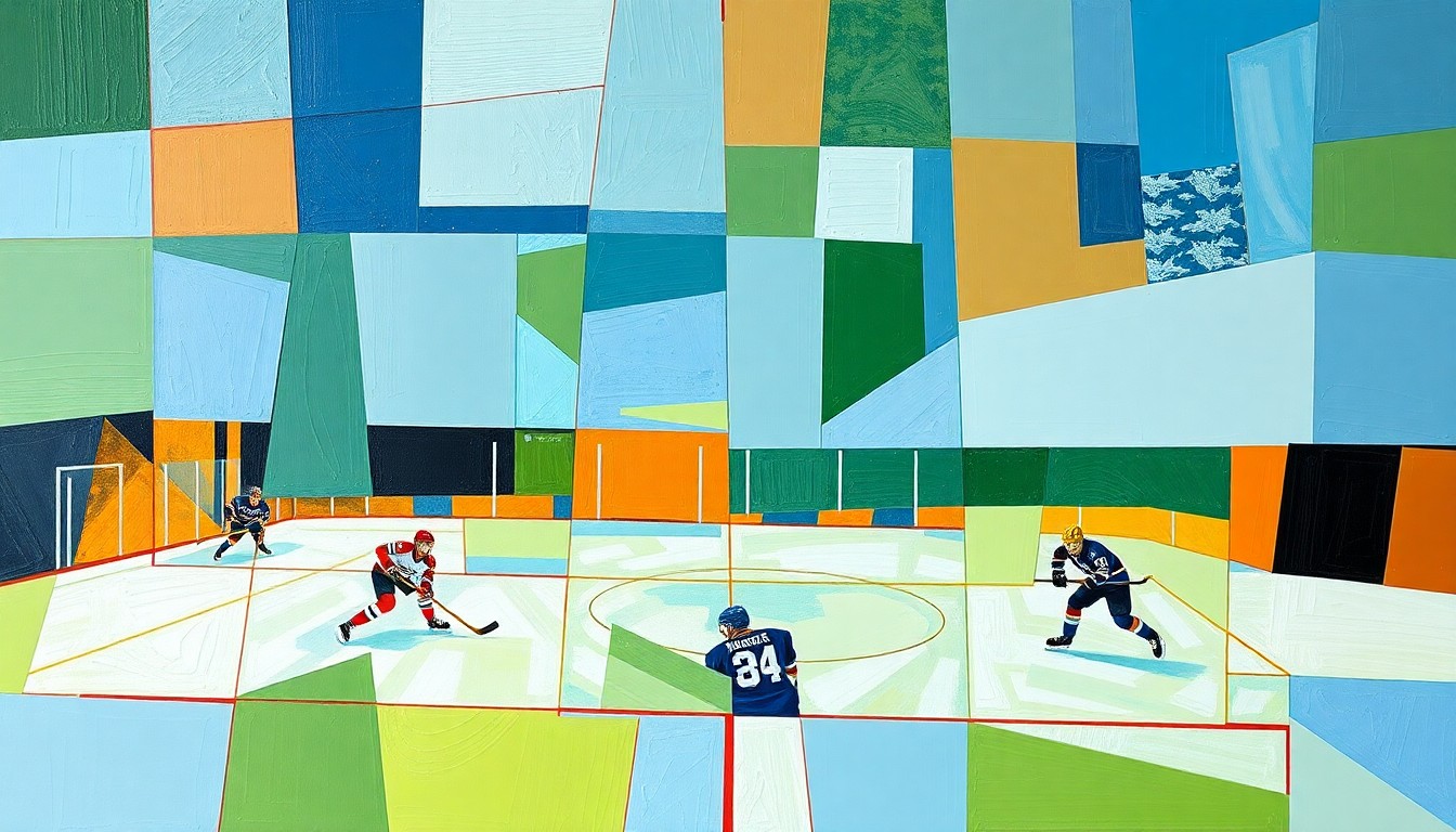 A cubist, geometric painting depicting the chaotic action of a hockey game, with players and the puck fragmented into overlapping angular shapes in shades of blue, green, and orange.