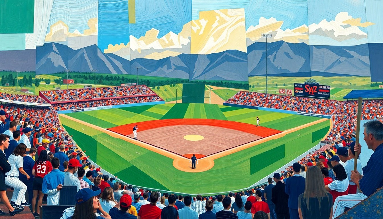 A cubist, geometric painting depicting a high school baseball game, with sharp, overlapping planes of color representing the dynamic action on the field.