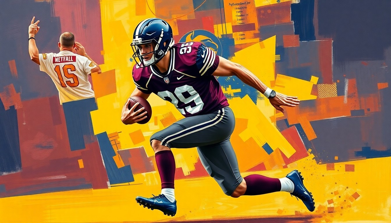 A fractured, cubist-style painting depicting a football player in motion, broken down into sharp, overlapping geometric shapes in the team colors of maroon and gold, representing the commitment of a top recruit from Shakopee to Penn State.