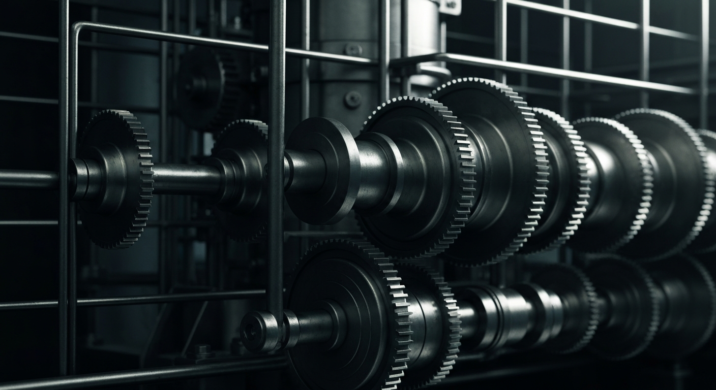 An extreme close-up of the intricate gears and components of a large, industrial pharmaceutical manufacturing machine, conveying the complex financial and operational infrastructure of a major drug company.