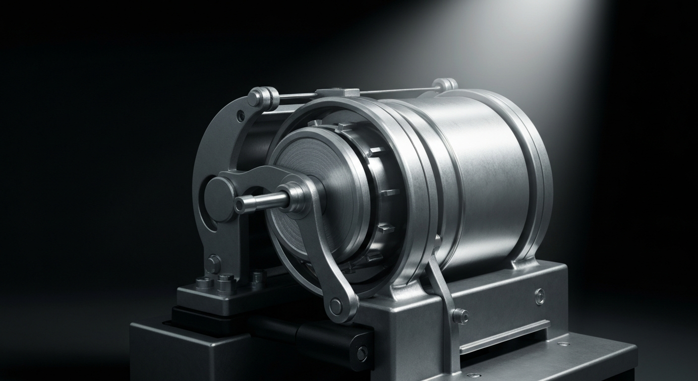 An extreme close-up of complex, interlocking gears and mechanisms in a banking or financial institution, conveying a sense of power, security, and technological sophistication without using any literal financial symbols.