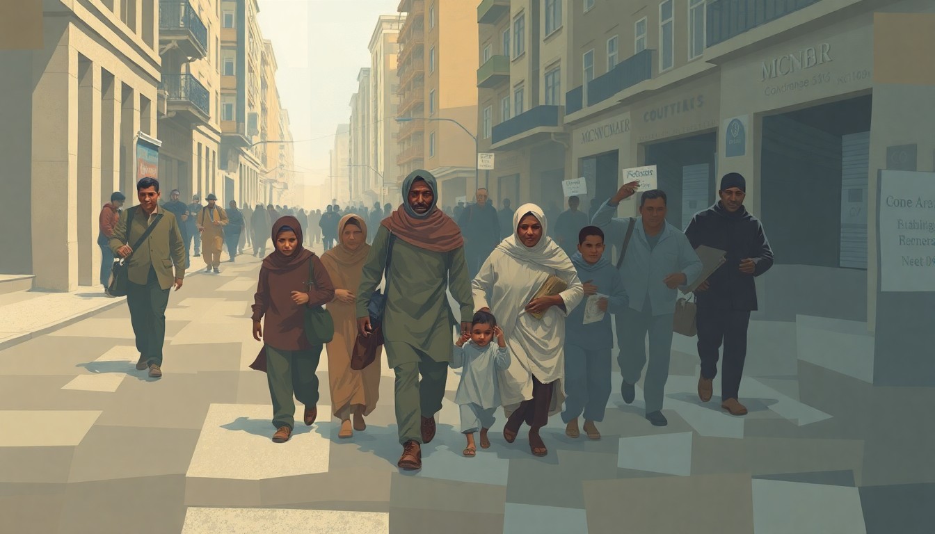A fractured, geometric painting depicting a migrant family hurriedly walking down a city street, their figures repeated in overlapping waves of muted earth tones and blues, conveying a sense of urgency and displacement.
