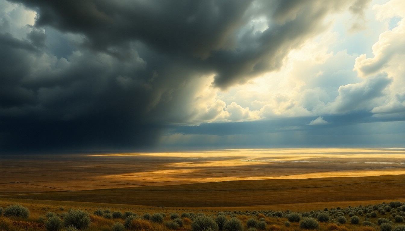 A vast, atmospheric landscape painting in muted tones of gray, blue, and ochre, depicting the sweeping scale of the Southern Plains under an ominous, turbulent sky. The scene conveys a sense of the overwhelming power of nature as the region prepares for a severe heat wave and high winds.