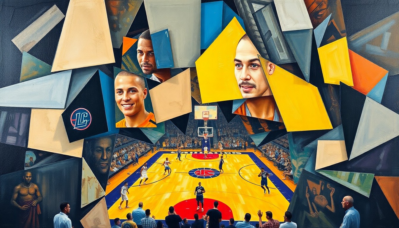 A fragmented, geometric painting depicting a basketball game between the Los Angeles Clippers and Los Angeles Lakers, with sharp, overlapping shapes and planes representing the intense competition and strategic depth of the matchup.