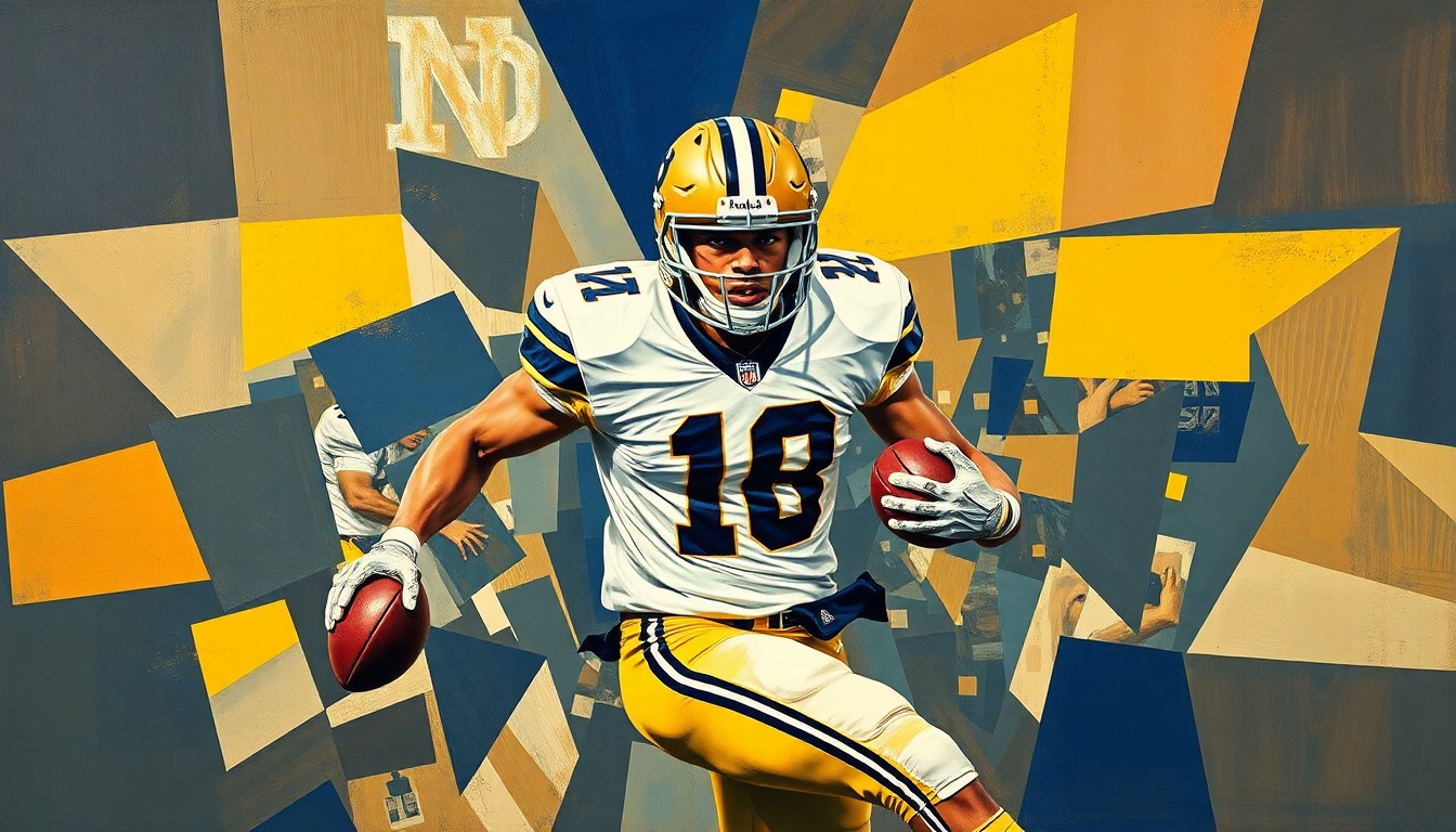 A fragmented, geometric painting depicting a Notre Dame football player in motion, with sharp planes of color and form representing the multifaceted pressures and responsibilities of a team leader.