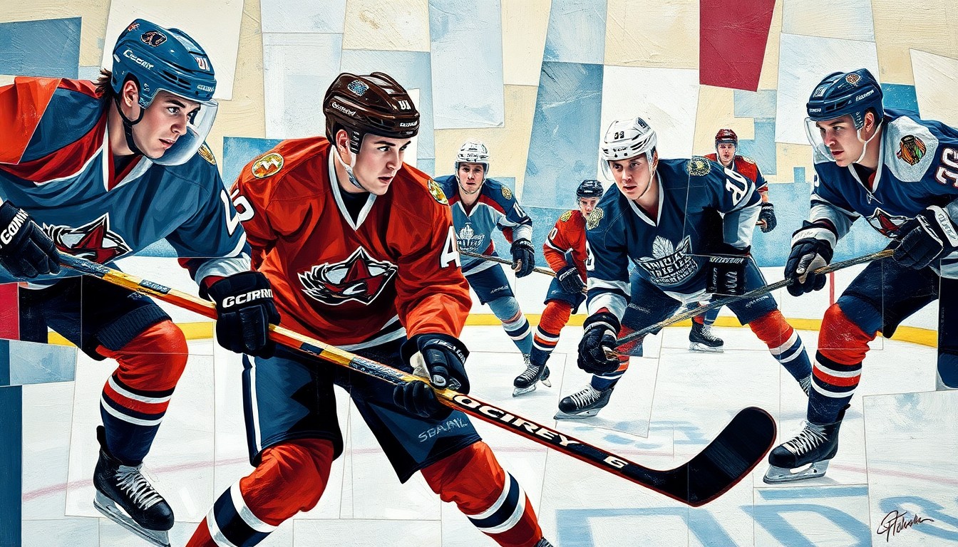 A cubist, geometric painting depicting a hockey game, with the players' forms broken down into overlapping shapes and planes of color, capturing the dynamic movement and energy of the sport.