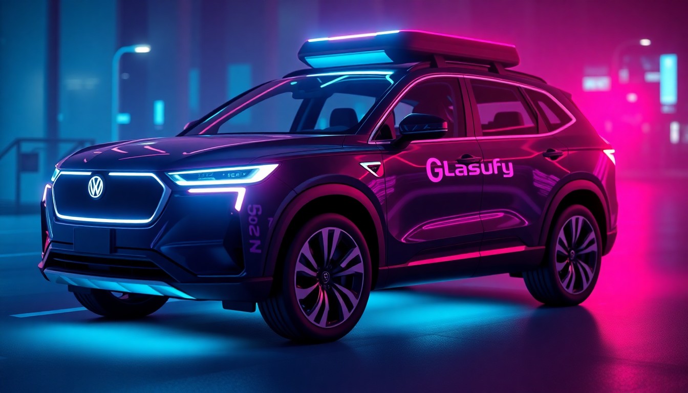A highly detailed, glowing 3D illustration of a Lucid Gravity SUV with advanced autonomous sensors and hardware, conceptually representing the integration of premium electric vehicles, self-driving technology, and a global ride-hailing network.