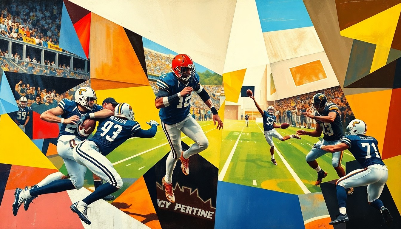 A fractured, multi-perspective painting breaking down a college football game or match into sharp, overlapping geometric planes of color, with players and action deconstructed into abstract shapes.