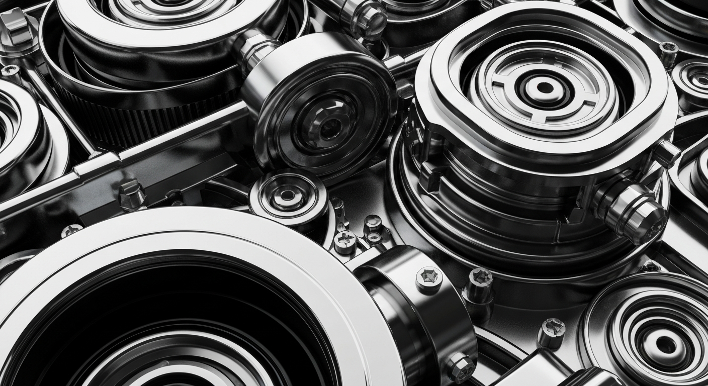 An extreme close-up of heavy, metallic banking machinery and mechanisms in shades of silver, steel, and black, conveying the tangible, industrial nature of financial infrastructure without using any text or identifiable elements.