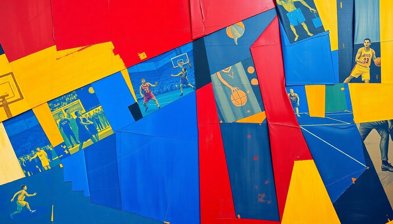 A cubist, geometric painting depicting a basketball game or match, with sharp, overlapping planes of vibrant colors like royal blue, crimson red, and golden yellow, capturing the dynamic energy of the sport.