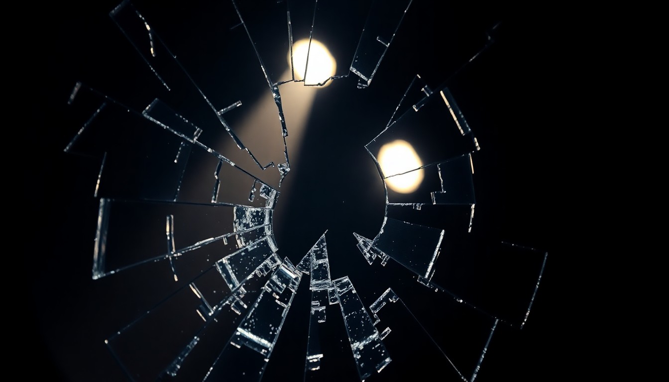 An abstract, high-contrast close-up photograph of shattered glass reflecting a dim stage light, conveying the fragility of live performance and the human cost of the music industry.