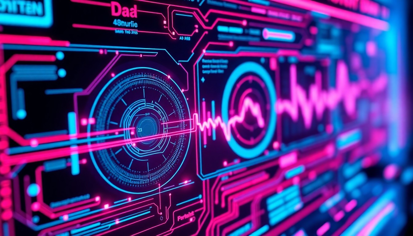 A complex, glowing 3D illustration of a futuristic AI control panel or data visualization dashboard, with intricate digital elements and neon cyan and magenta lights, conceptually representing the technological advancements transforming the modern workplace.