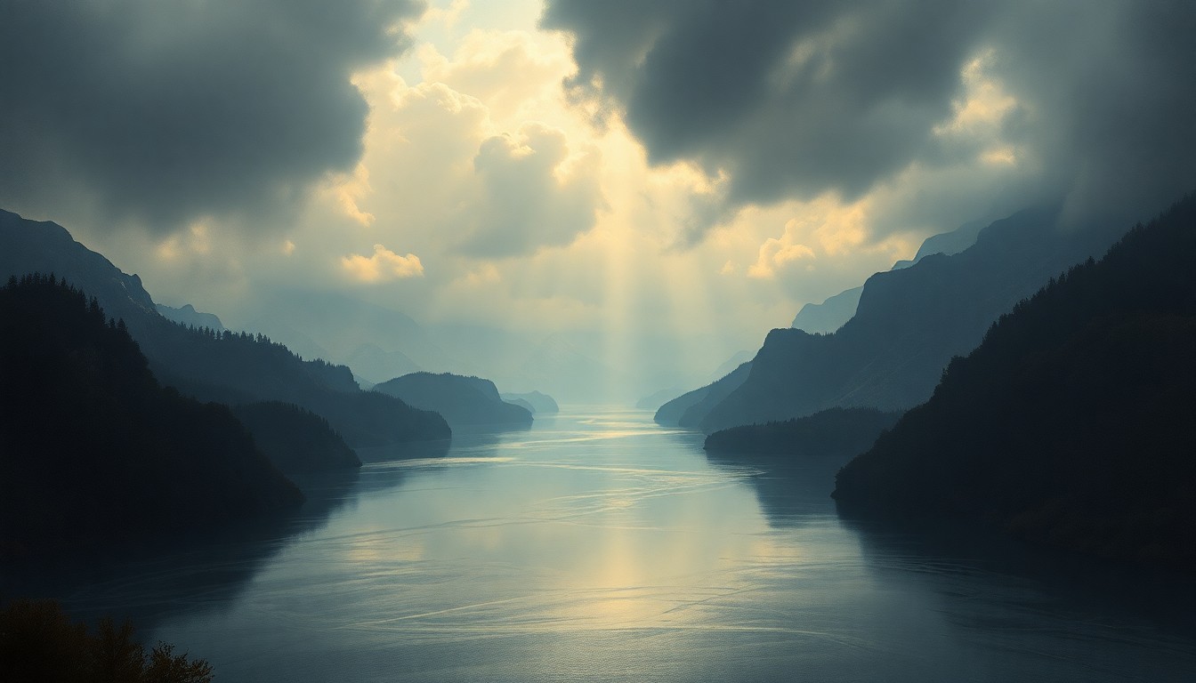 A sweeping, atmospheric landscape painting in muted tones of gray, blue, and green, depicting the Nistru River as a vast, oily expanse, with no visible signs of human presence, conveying the overwhelming scale and melancholic mood of the environmental crisis.