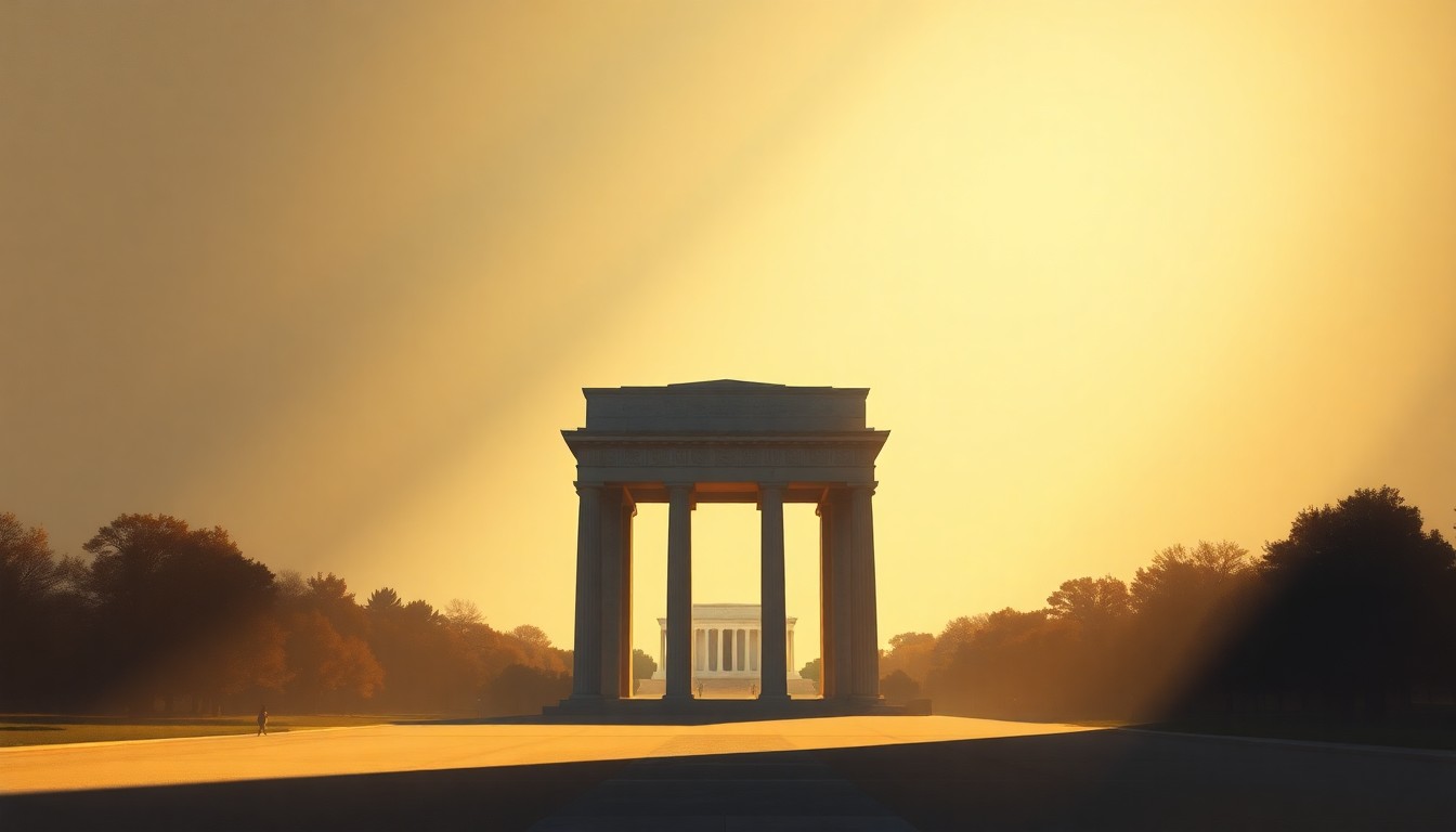A serene, cinematic painting depicting a grand triumphal arch structure in the foreground, with the Lincoln Memorial visible in the distance. The arch is bathed in warm, golden sunlight, creating a sense of grandeur and historical significance.