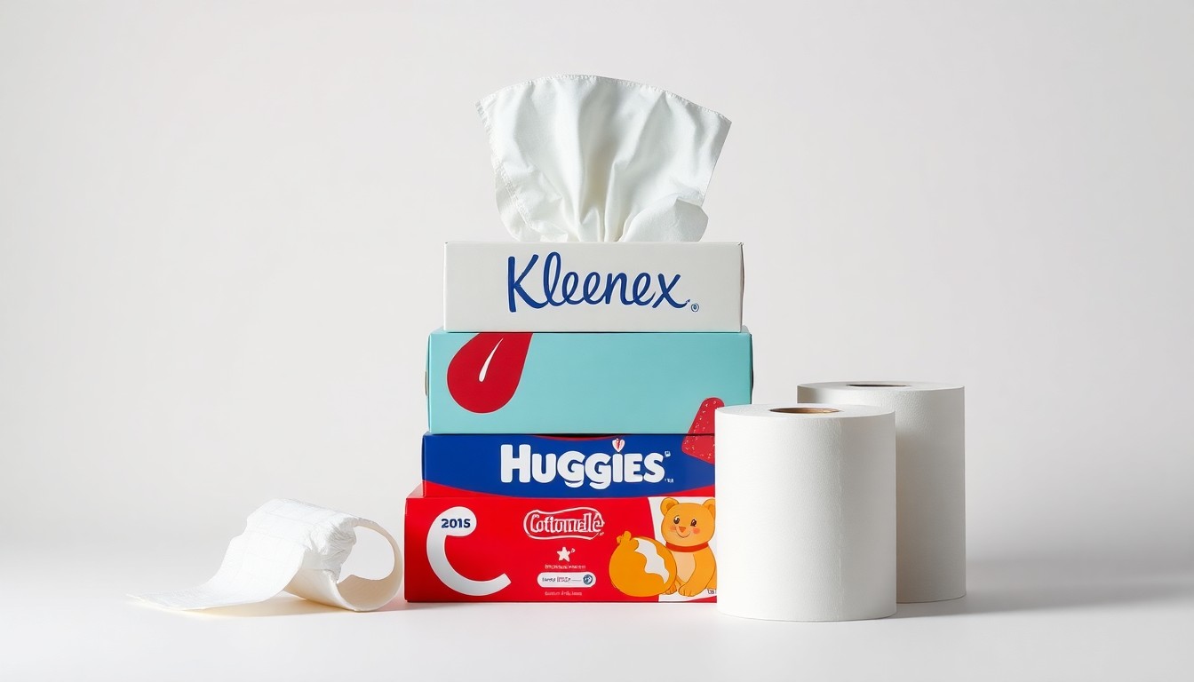 A photorealistic studio still-life featuring a stack of Kleenex tissue boxes, a Huggies diaper, and a Cottonelle toilet paper roll arranged elegantly on a clean, white background, conceptually representing Kimberly-Clark's diverse consumer product portfolio.