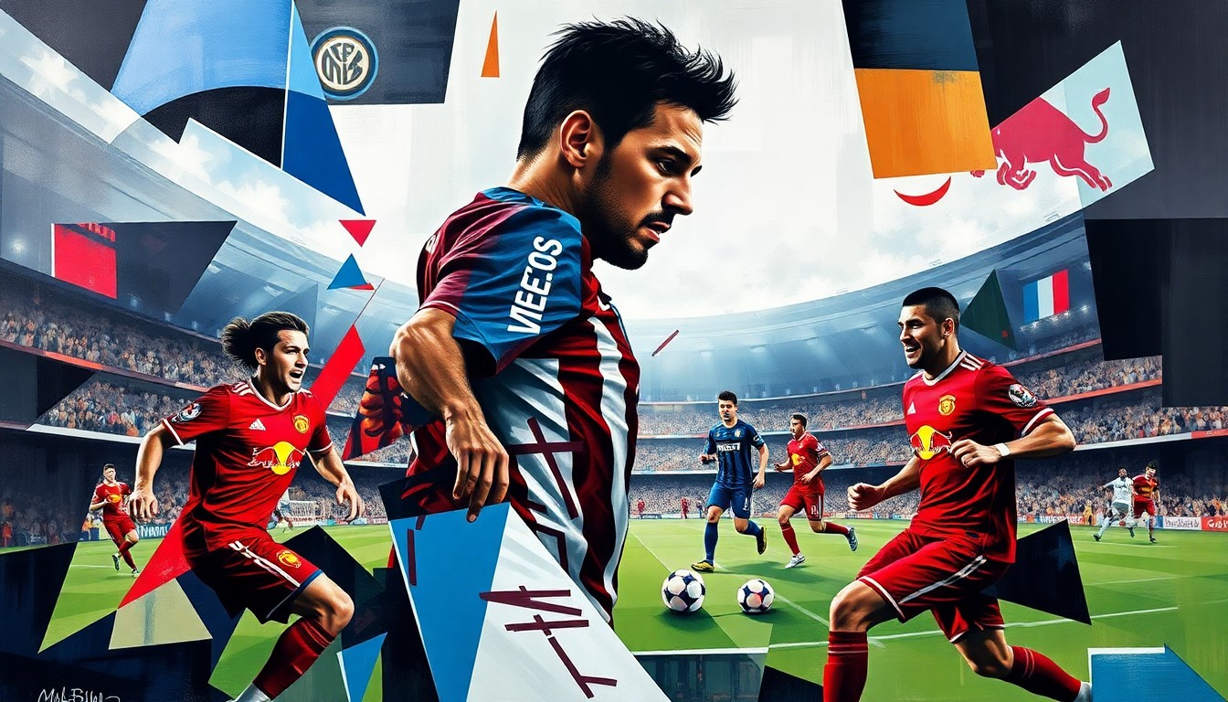 A fragmented, cubist-style painting depicting the dynamic action of a soccer match, with Lionel Messi's silhouette and the energetic movements of the Red Bulls' players represented through sharp, overlapping geometric shapes and planes of color.