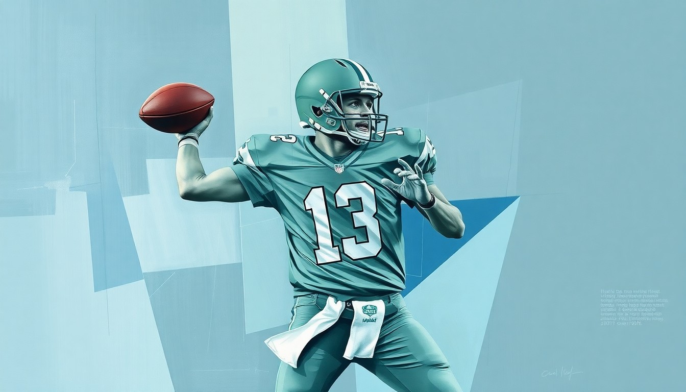 A fragmented, geometric painting depicting a quarterback's throwing motion broken down into overlapping planes of muted blue, green, and grey tones, conveying the complex process of recovering from injury and the need for a resilient team structure.