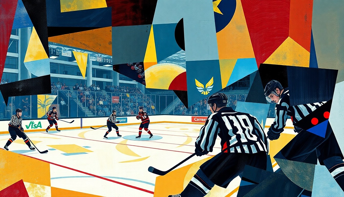 A fractured, cubist-style painting depicting the dynamic movements and interactions of two hockey players on the ice, their forms broken down into sharp, overlapping geometric shapes and planes of color.