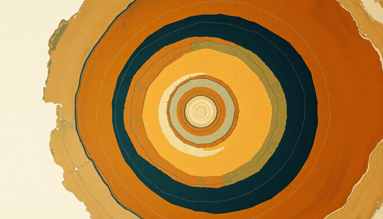 An abstract painting in muted earth tones featuring sweeping geometric shapes and precise botanical spirals, conceptually representing the complex chemical structure and crystalline nature of the newly discovered mineral Grahampearsonite.