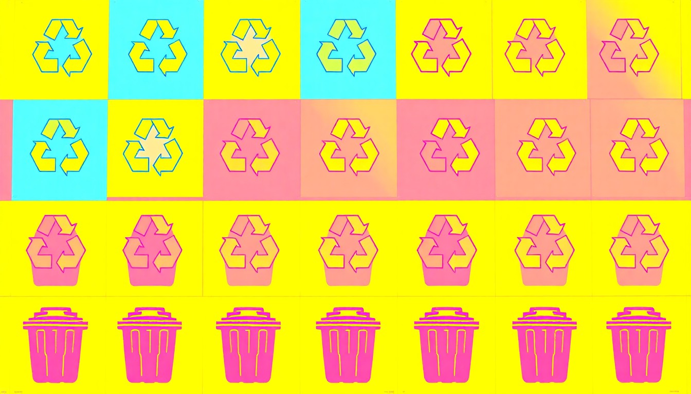 A bold, abstract grid of neon-colored recycling bin icons, conceptually representing the impact of a local recycling business on its community.