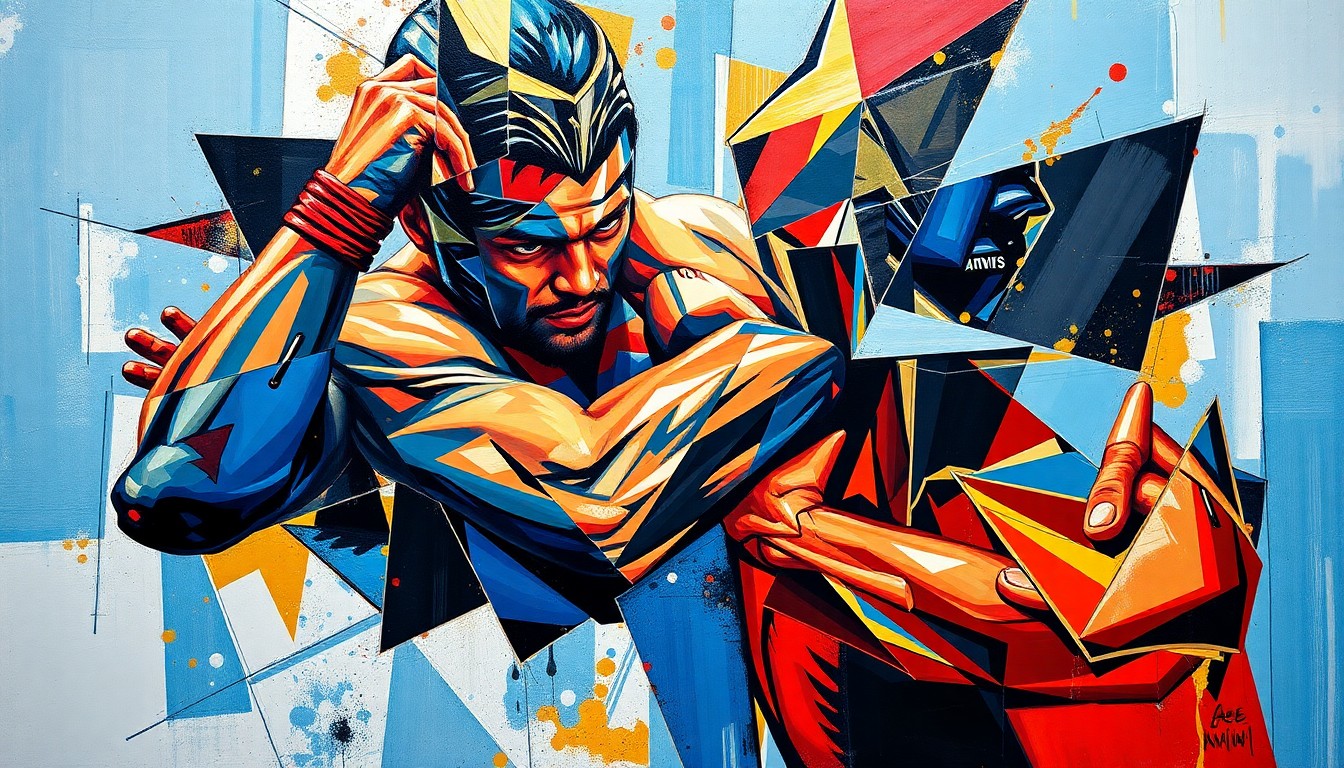 A cubist, geometric painting depicting the explosive movements and raw power of a wrestler, with sharp planes of color and form representing Gable Steveson's athletic abilities.