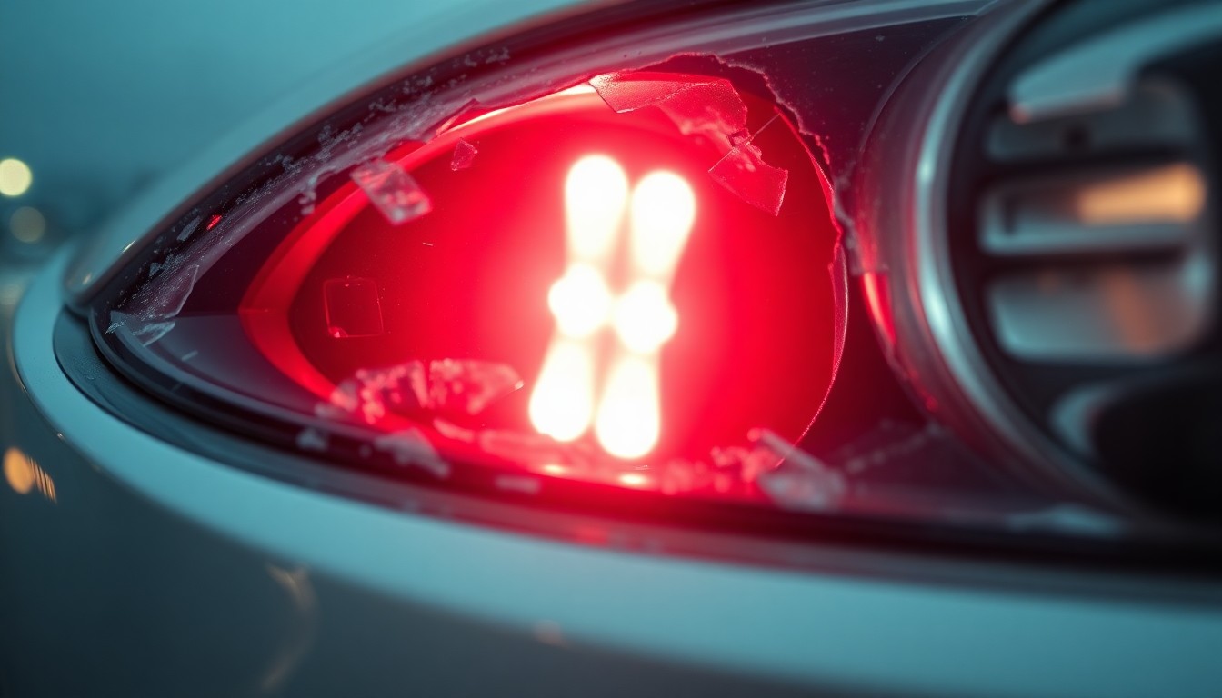 An extreme close-up photograph of a shattered car sensor lens reflecting a faint red light, conceptually representing the aftermath of a mental health-related incident of airport vandalism.