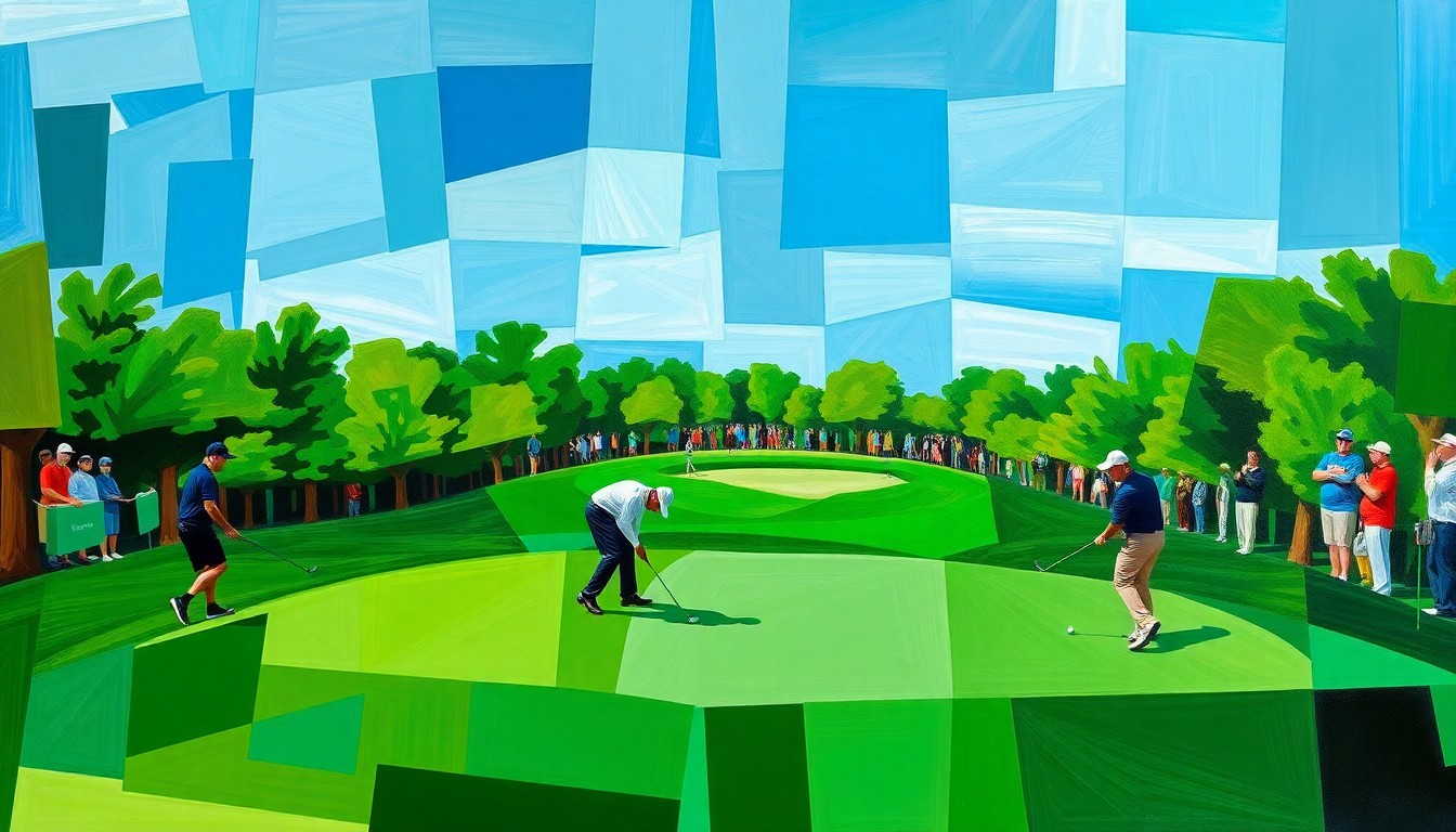 A fragmented, geometric painting depicting a golf tournament scene, with the players' forms broken down into sharp, overlapping planes of color and shape, creating a sense of motion and energy on the course.