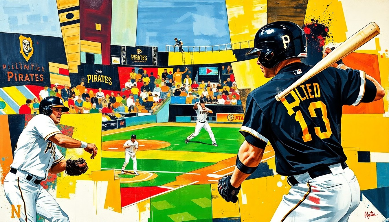 A fractured, multi-perspective painting in bold, geometric shapes and colors, capturing the dynamic energy of a baseball game or action, representing the young star's debut and the team's transformation.