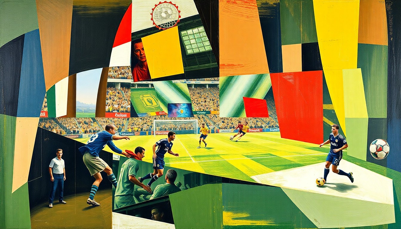 A cubist-style painting depicting a fragmented, multi-perspective view of a Premier League soccer match, with players and the field broken down into sharp, overlapping geometric shapes and planes, conveying the sense of change and uncertainty surrounding the league's managerial shakeup.