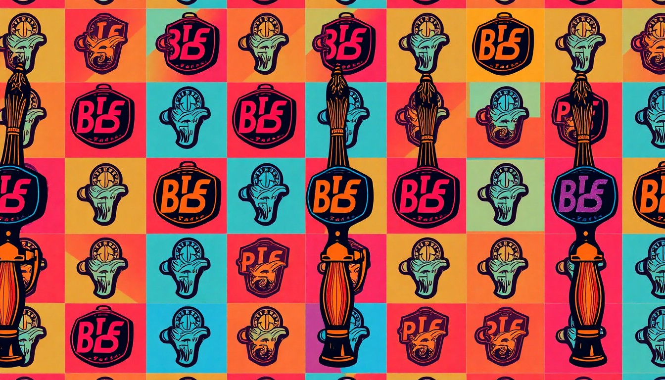 A bold, colorful silkscreen-style illustration of a classic pub sign or beer tap, repeated in a grid pattern and rendered in a high-contrast, neon-infused pop art style, capturing the energy and transformation of the Fountain Pub.