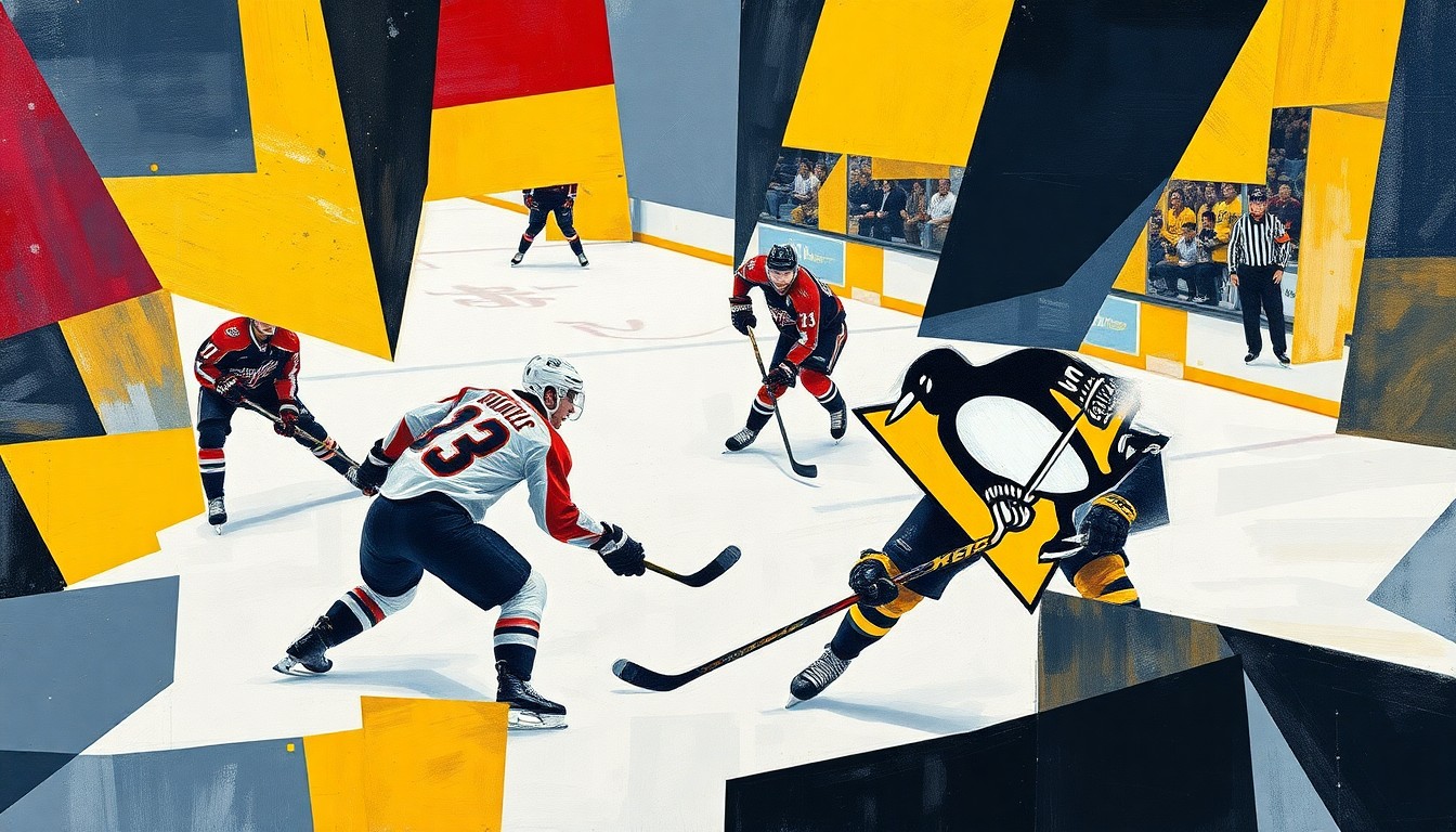 A fractured, geometric painting in the style of Picasso, depicting the abstracted forms of hockey players on the ice, with only hints of their jerseys and equipment visible. The composition is dynamic and energetic, capturing the intensity of the Capitals-Penguins rivalry.