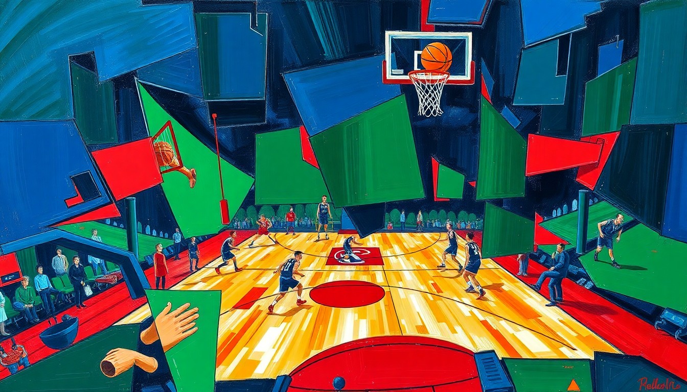 A fragmented, geometric painting depicting the chaotic energy and multiple perspectives of an NBA playoff game, with sharp planes of navy, green, and red colliding to create a sense of intense competition.