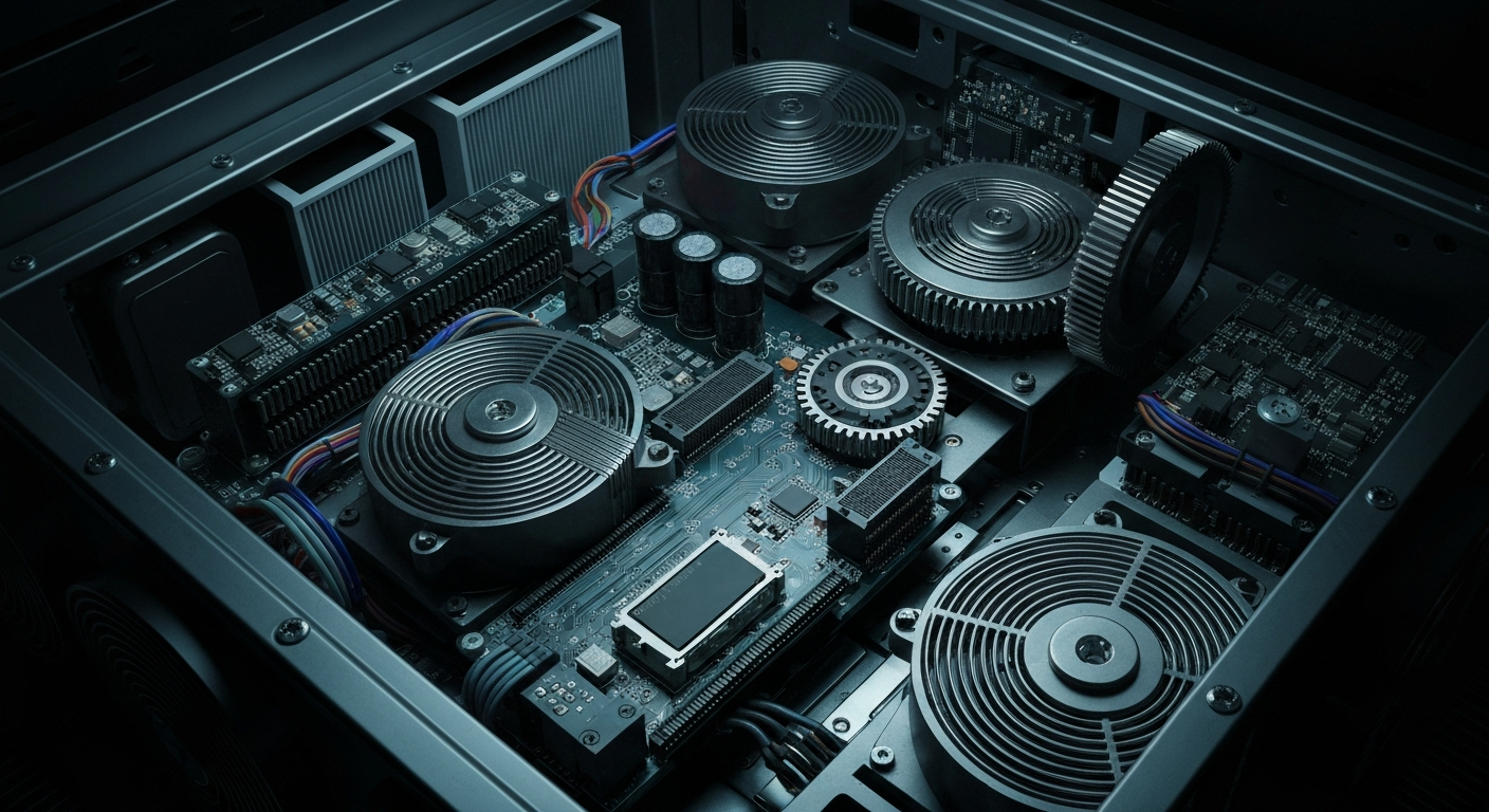 An extreme close-up of the inner workings of a high-tech Bitcoin mining rig, with gears, circuits, and cooling systems visible in a dramatic, industrial composition, conceptually representing the physical infrastructure behind the digital currency's price fluctuations.