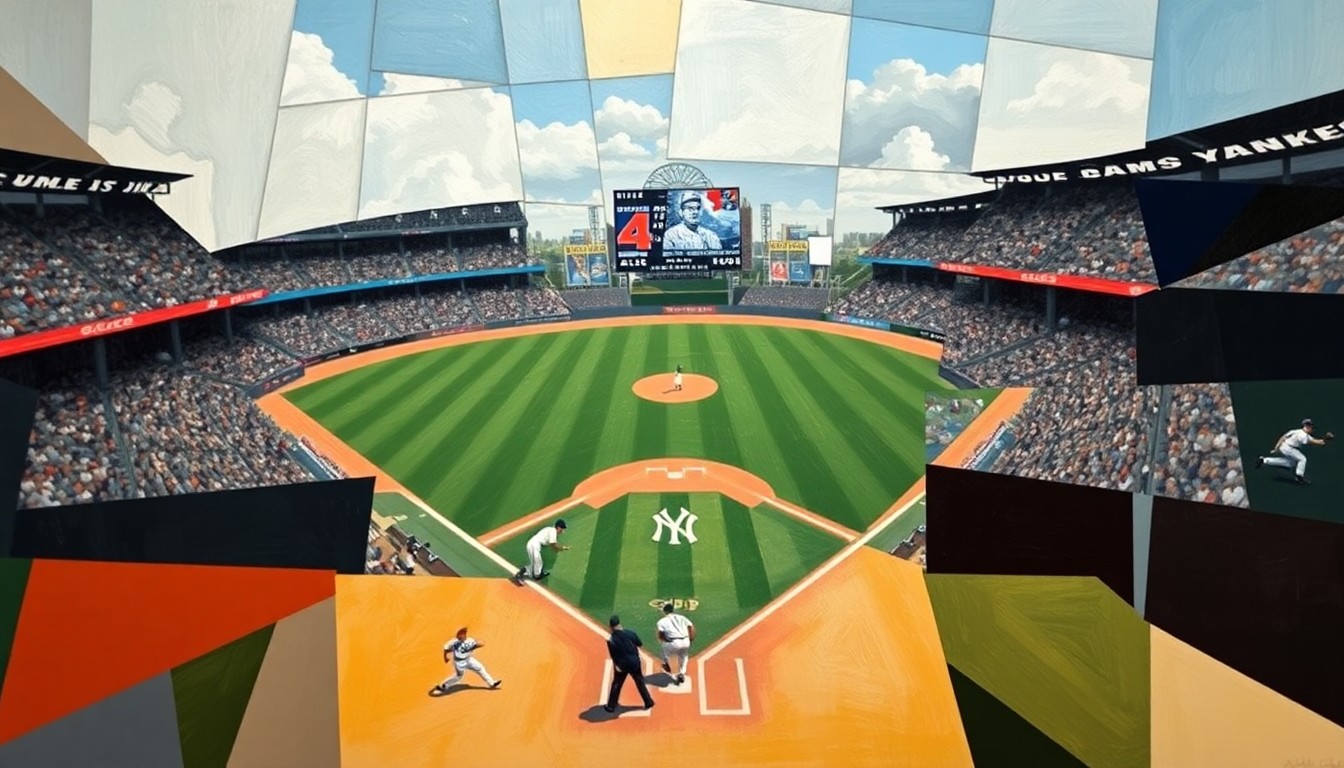A cubist, geometric painting depicting a fragmented and deconstructed baseball game, with players and the field broken down into sharp, overlapping planes of color, capturing the intensity and energy of the sport.